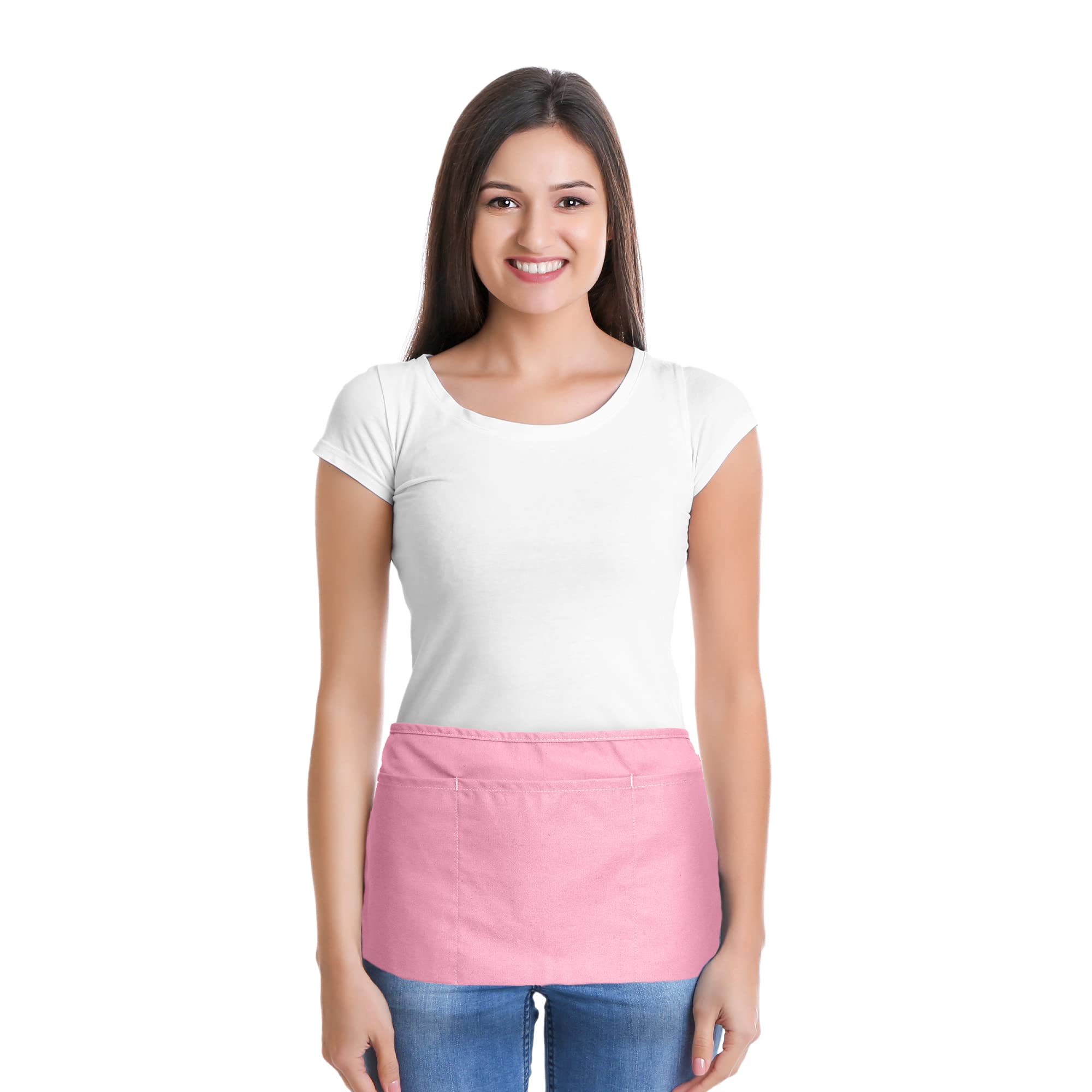 Dalix Waist Aprons Commercial Restaurant Home Bib Spun Poly Cotton Kitchen (3 Pockets) (1, Pink)
